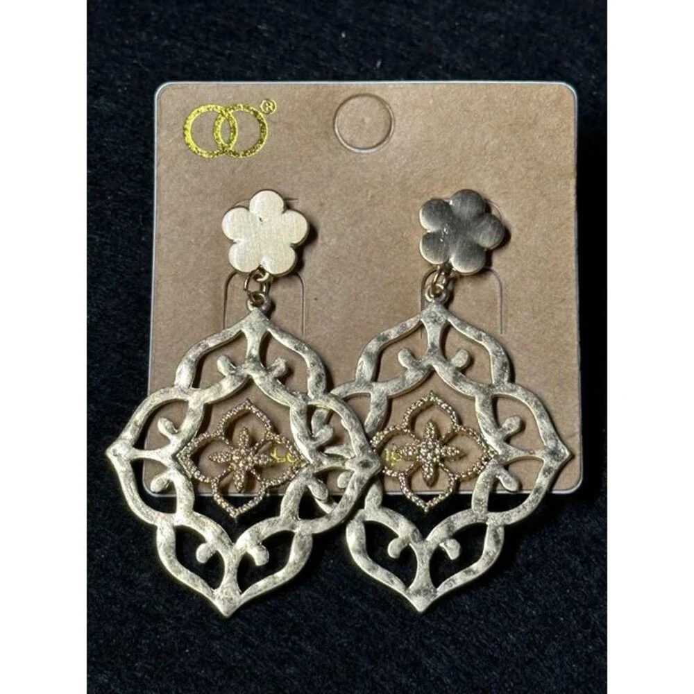 Gold Tone Moroccan Filigree Dangle Earrings Boho Statement Flower Style New